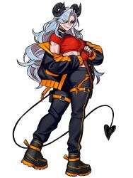 Rule 34 | 1girl, absurdres, ass, bandaged hand, bandages, black choker, black horns, black jacket, black nails, black pants, black shoes, breasts, choker, crop top, curled horns, demon girl, demon horns, demon tail, eyebrows hidden by hair, eyes visible through hair, full body, grey hair, hazel eyes, heart, heart tail, highres, horns, jacket, large breasts, long hair, looking at viewer, muscular, muscular female, off shoulder, open clothes, open jacket, orange jacket, orange pants, original, pants, parted bangs, red bandage, shoes, smile, solo, standing, tail, teeth, very long hair, white background, yellow eyes, zeon (zzeeonn)