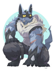 Rule 34 | absurdres, artist name, barefoot, black pants, chest spike, cigarette, claws, colored sclera, commentary, english commentary, gen 4 pokemon, highres, hood, hood down, hoodie, kuromons art, looking at viewer, lucario, male focus, multiple scars, nintendo, no humans, notched ear, pants, pokemon, pokemon (creature), scar, scar across eye, scar on arm, scar on face, sleeveless, sleeveless hoodie, smile, smoking, white hoodie, yellow sclera