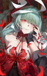 1boy 1girl absurdres bare_shoulders black_gloves black_skirt blood bloody_tears braid breasts cleavage closed_mouth collarbone commentary crying crying_with_eyes_open dress fingernails gloves grey_eyes grey_hair halter_dress halterneck heterochromia highres long_hair looking_at_viewer loose_bandages low_twin_braids male_rover_(wuthering_waves) medium_breasts mihan_(mihan_art) nail_polish phrolova_(wuthering_waves) pov pov_hands red_dress red_eyes red_nails rover_(wuthering_waves) skirt solo_focus tears twin_braids wuthering_waves