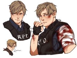 Rule 34 | 1boy, arm up, axionomotics, bandaged arm, bandages, belt, black belt, black gloves, black vest, blonde hair, blood, blood on arm, blood on face, bloody bandages, blue shirt, bulletproof vest, chest belt, closed mouth, collared shirt, commentary, cropped torso, dated, english commentary, english text, fingerless gloves, gloves, grey eyes, hair between eyes, hair over one eye, leon s. kennedy, looking to the side, male focus, multiple views, one eye covered, resident evil, resident evil 2, resident evil 4, resident evil 4 (remake), shirt, sideways glance, simple background, smile, speech bubble, vest, walkie-talkie, white background, white shirt, wing collar