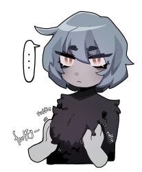 ... 1girl :&lt; angela_(project_moon) black_dress blue_hair closed_mouth dress feather_dress feathers highres library_of_ruina ny_000a project_moon short_hair simple_background solo speech_bubble white_background yellow_eyes