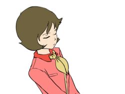 1970s_(style) 1girl animated animated_gif blouse brown_hair commentary english_commentary fraw_bow giving gundam gundam_seed happy haro lowres mobile_suit_gundam nippori_honsha oldschool parody retro_artstyle robot scarf science_fiction shirt smile style_parody tongue upper_body white_background yellow_scarf