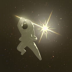 Rule 34 | ambiguous gender, astronaut, black background, commentary, english commentary, highres, holding, holding weapon, jumping, mace, original, souperluminal, space, spacesuit, spiked mace, spikes, star (sky), swinging weapon, symbolism, weapon