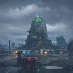 1boy car cloud cloudy_sky ford ford_crown_victoria ford_crown_victoria_(1st_generation) highres holding holding_umbrella motor_vehicle mountainous_horizon neon_sign official_art power_lines puddle rain shop simon_stalenhag sky the_electric_state umbrella utility_pole