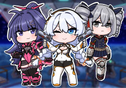 3girls ;) black_boots black_bow black_gloves black_leotard black_thighhighs blue_eyes blue_jacket blue_skirt blurry blurry_background blush bodysuit boots bow braid breasts bronya_zaychik brown_shirt brown_shoes chibi cleavage closed_mouth collared_shirt commentary_request covered_navel depth_of_field dress_shirt drill_hair dual_wielding elbow_gloves gloves grey_eyes grey_hair grey_thighhighs gun hair_between_eyes hair_bow hair_ornament handgun highres holding holding_gun holding_sword holding_weapon honkai_(series) honkai_impact_3rd jacket kiana_kaslana kiana_kaslana_(white_comet) leotard long_hair low_twintails medium_breasts mokkyo_(motkyo) multiple_girls one_eye_closed outline pleated_skirt ponytail puffy_short_sleeves puffy_sleeves purple_eyes purple_hair raiden_mei shirt shoes short_sleeves skirt smile standing striped_clothes striped_shirt sword thighhighs thighhighs_under_boots twin_braids twin_drills twintails vertical-striped_clothes vertical-striped_shirt very_long_hair weapon white_bodysuit white_gloves white_outline