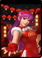 1girl asamiya_athena breasts dress earrings female_focus fluffy gloves hairband hand_on_own_hip jewelry large_breasts long_hair looking_at_viewer outdoors pale_skin purple_eyes purple_hair smile standing star_(symbol) the_king_of_fighters