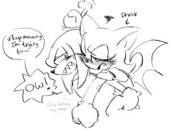 1boy 1girl animal_ears animal_nose bat_ears bat_girl bat_wings blush carrying commentary drunk english_commentary english_text fang fishsoof furry furry_female furry_male highres hitting knuckles_the_echidna piggyback rouge_the_bat sharp_teeth sketch sonic_(series) squiggle tail teeth wings