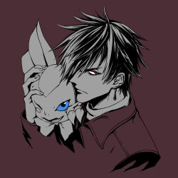 Rule 34 | 1boy, 1girl, blue eyes, brown background, digimon, digimon (creature), digimon card game, digimon liberator, earrings, elizamon, highres, jewelry, kazuki seihou, lizard, one eye closed, owen dreadnought, partially colored, red eyes, short hair, simple background, upper body