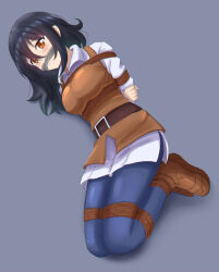 arms_behind_back bdsm black_hair blush bondage bound bound_legs bound_wrists cleave_gag cloth_gag gag gagged improvised_gag original pantyhose shirt simple_background white_shirt yami071