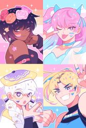 Rule 34 | 4girls, :d, :o, ;3, alex (boyfriends), animal ears, bare shoulders, bell, black hair, blonde hair, blue choker, blue hair, blue nails, blue shirt, boyfriends (refrainbow), braid, breasts, bright pupils, cat ears, choker, cleavage, clenched hand, closed mouth, commentary, dark-skinned female, dark skin, fake animal ears, finger to cheek, fingernails, flower wreath, genderswap, gradient hair, grin, hair behind ear, hair between eyes, hair ornament, hand on own cheek, hand on own face, hat, head wreath, heart, heart-shaped pupils, heterochromia, high ponytail, highres, index finger raised, jewelry, jingle bell, lala (boyfriends), lesbian flag, lgbt pride, long hair, long sleeves, looking back, low twin braids, lower eyelashes only, luna (boyfriends), monocle, multicolored hair, multiple girls, non-binary flag, one eye closed, open mouth, outline, own hands together, pansexual flag, pink eyes, pink hair, ponytail, purple eyes, red eyes, refrainbow, ring, see-through clothes, see-through sleeves, shirt, short hair, sideways glance, sleeveless, sleeveless shirt, smile, sparkle, sprinkles, star-shaped pupils, star (symbol), star hair ornament, stephanie (boyfriends), streaked hair, sweater vest, symbol-only commentary, symbol-shaped pupils, tomboy, tongue, tongue out, transgender flag, turtleneck, turtleneck shirt, twin braids, twintails, two-tone hair, upper body, v, white hair, white outline, white pupils, yellow hat, yellow sweater vest