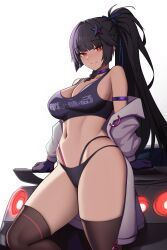 1girl absurdres arm_strap arm_support bare_shoulders bikini bikini_bottom_only black_bikini black_gloves black_hair black_shirt braid breasts bright_pupils brown_thighhighs car cero_(last2stage) choker cleavage closed_mouth clothes_writing commentary commission crop_top english_commentary gloves hair_ornament highres jacket large_breasts long_hair looking_at_viewer motor_vehicle multi-strapped_bikini_bottom navel no_pants off_shoulder ponytail purple_choker red_eyes shirt simple_background sleeveless sleeveless_shirt smile solo standing star_(symbol) star_hair_ornament stomach string_bikini swimsuit tatakau_ni_atai_suru thighhighs thighs very_long_hair white_background white_jacket yamaguchi_ryoko