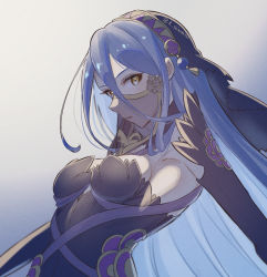 1girl azura_(fire_emblem) azura_(lady_of_ballads)_(fire_emblem) black_dress black_sleeves breasts detached_sleeves dress fire_emblem fire_emblem_fates floating_hair grey_background highres karashino long_hair mouth_veil nintendo official_alternate_costume parted_lips see-through_clothes sideboob small_breasts solo strapless strapless_dress twitter_username upper_body veil very_long_hair yellow_eyes