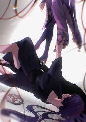 1boy 1girl absurdres arm_up black_kimono blurry bridal_gauntlets depth_of_field doll_joints from_behind from_side genshin_impact grey_background high_heels highres japanese_clothes jewelry joints kimono knees_up la100paloma long_hair long_sleeves lying mitsudomoe_(shape) mother_and_son neck_tattoo on_back on_ground pendant procreate_(medium) purple_eyes purple_kimono purple_thighhighs raiden_shogun reaching reaching_towards_another red_ribbon reflection ribbon scaramouche_(genshin_impact) standing string string_of_fate tattoo thighhighs tomoe_(symbol) walking wide_sleeves