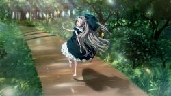 1girl antenna_hair bare_legs barefoot black_dress blue_bow blue_eyes bow bush dappled_sunlight dress ears_visible_through_hair forest frilled_dress frilled_skirt frilled_sleeves frills fukuda_tomonori game_cg grass grey_hair hair_between_eyes hair_bow happy highres long_hair looking_back nature non-web_source official_art open_mouth outdoors path puffy_short_sleeves puffy_sleeves road robotics;notes shadow short_sleeves skirt sleeveless_vest solo sunlight tareme teeth tongue tree twintails upper_teeth_only yukifune_airi