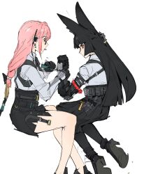 2girls animal_ears black_boots black_gloves black_hair black_pantyhose black_skirt blunt_bangs boots dress_shirt fox_ears fox_girl from_side gauntlets glasses gloves hashtag-only_commentary high-waist_skirt highres hoshimi_miyabi liolion77 long_hair multiple_girls pantyhose pencil_skirt pink_eyes pink_hair red_eyes ring_hair_ornament shirt sidelocks simple_background skirt tsukishiro_yanagi white_background white_shirt zenless_zone_zero