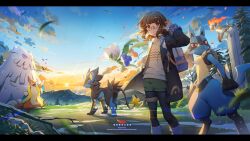 1girl artist_name backpack bag black-framed_eyewear black_coat black_pantyhose brown_eyes brown_hair character_request coat falling_petals floatzel gen_4_pokemon glasses green_shorts highres holding holding_bag infernape letterboxed long_sleeves lucario luxray medium_hair nintendo open_clothes open_coat original outdoors pabuk5w pantyhose pantyhose_under_shorts parted_bangs petals pokemon pokemon_(creature) roserade semi-rimless_eyewear shorts socks socks_over_pantyhose sweater turtleneck turtleneck_sweater under-rim_eyewear watermark white_bag white_socks yellow_sweater