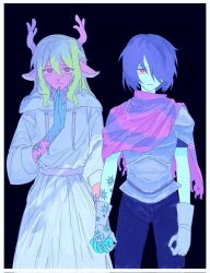 1girl 1other antlers armor black_background blonde_hair blue_hair blue_hands blue_skin border bright_pupils brown_eyes colored_skin commentary deer_antlers deer_girl deltarune english_commentary furry furry_female hair_over_one_eye hand_on_own_chin highres holding_hands hooded_robe horns kris_(deltarune) long_hair noelle_holiday pink_scarf playersmust red_eyes robe scarf short_hair white_border white_pupils white_robe