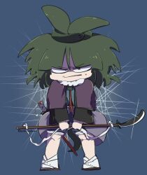 1other adagumo_no_saragimaru androgynous angry aodo_mikan bad_id bad_pixiv_id baggy_shorts black_shirt blue_background blue_shorts blue_vest brown_sandals buttons capelet clenched_teeth collared_capelet collared_socks floral_print full_body fur-trimmed_capelet fur_trim furrowed_brow green_hair hair_ornament high_ponytail holding holding_polearm holding_weapon japanese_clothes len&#039;en long_hair long_sleeves medium_skirt naginata neck_ribbon other_focus polearm ponytail purple_capelet purple_skirt red_eyes red_ribbon ribbon sandals shaded_face sheath sheathed shirt short_ponytail short_sword shorts showgirl_skirt skirt snake_hair_ornament snake_tail socks solo split_ponytail standing sweatdrop sword tail teeth twitter_username vest weapon white_socks wide_sleeves