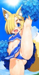 1girl animal_ear_fluff animal_ears armpits blonde_hair blue_eyes blue_panties blue_skirt blush blush_stickers breasts cameltoe cheerleader covered_erect_nipples crop_top fangs fox_ears fox_girl fox_tail hair_ornament hair_over_one_eye hairclip highres holding holding_pom_poms looking_at_viewer navel open_mouth original panties pom_pom_(cheerleading) pom_poms shadow short_eyebrows skirt small_breasts smile solo split standing standing_on_one_leg standing_split stomach sun sweat tail tsukinoha_mio underwear
