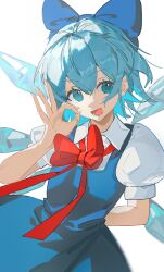 1girl absurdres arm_behind_back blue_bow blue_dress blue_eyes blue_hair blurry bow bowtie cirno collared_shirt cowboy_shot dress fang hair_bow hand_up highres ice ice_wings li_meng_shan number-only_commentary ok_sign open_mouth pinafore_dress puffy_short_sleeves puffy_sleeves red_bow red_bowtie shirt short_hair short_sleeves simple_background skin_fang sleeveless sleeveless_dress smile solo touhou white_background white_shirt wing_collar wings