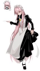 1boy absurdres alternate_costume animification apron black_dress black_shoes chibi chibi_inset chinese_commentary clothes_lift commentary_request crossdressing crown_(symbol) dress dress_lift full_body hair_over_one_eye highres holding holding_plate humanization juliet_sleeves long_dress long_hair long_sleeves madongmei56994 maid maid_apron maid_headdress male_focus male_maid mary_janes meme minecraft_youtube multiple_views pin pink_hair plate puffy_sleeves red_eyes shoes simple_background socks solo_focus standing technoblade technomaid_(meme) trap very_long_hair white_apron white_background white_socks