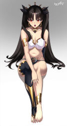 1girl absurdres armlet barefoot bikini black_hair black_thighhighs bracelet breasts cleavage detached_sleeves earrings fate/grand_order fate_(series) gold_trim hair_ribbon highres hoop_earrings ishtar_(fate) jewelry kurozawa_yui large_breasts legs long_hair looking_at_viewer mismatched_bikini nail_polish neck_ring open_mouth parted_bangs red_eyes ribbon single_detached_sleeve single_thighhigh sitting solo swimsuit thighhighs thighlet tiara two_side_up