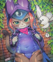 1girl animal_ears bird blue_eyes cat_ears cat_girl character_request colored_sclera copyright_request eyelashes furry furry_female highres medium_hair monster_hunter_(series) one-piece_swimsuit orange_hair swimsuit tamanosuke thigh_gap traditional_media whiskers yellow_sclera