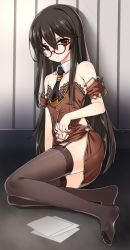 1girl arm_support armband bare_shoulders barefoot black_hair clothing_cutout collarbone detached_collar female_focus flat_chest garter_straps glasses hair_between_eyes long_hair looking_at_viewer navel navel_cutout necktie paper red_eyes side_cutout sitting sleeveless solo tama_(tamatamo) the_war_of_genesis thighhighs yokozuwari