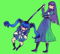 2girls amemiya_darumi armband bdsm black_bow blakc_hair blood bloody_tears blue_hair bondage bound bow female_focus femdom glasses green_background hair_bow high_heels highres last_defense_academy_school_uniform leash leash_pull looking_at_viewer multicolored_hair multiple_girls pink_eyes pleated_skirt purple_hair red_eyes shizuhara_hiruko skirt the_hundred_line_-last_defense_academy- tongue tongue_out twintails yuri
