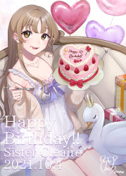 1girl balloon bare_legs bird birthday birthday_cake blush bottle brown_eyes cake camisole closed_mouth collarbone commentary couch crown eating english_text flower food food_on_face fork fruit gift hand_in_own_hair happy_birthday heart_balloon highres holding holding_cake holding_food holding_fork jacket jewelry licking_lips light_brown_hair long_hair looking_at_viewer mizuiro_32 necklace nijisanji official_alternate_costume parted_bangs pink_jacket ribbed_jacket shorts signature simple_background sister_claire sister_claire_(7th_costume) sitting sleep_mask sleepwear smile solo strawberry swan teeth tongue tongue_out virtual_youtuber wariza white_background