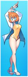 1girl absurdres arms_up blue_eyes blush breasts competition_swimsuit flip-flops gold_one-piece_swimsuit green_eyes highres holding holding_poke_ball jacket large_breasts looking_at_viewer missandydandy misty_(pokemon) nintendo one-piece_swimsuit open_clothes open_jacket open_mouth orange_hair poke_ball poke_ball_(basic) pokemon pokemon_frlg pokemon_hgss sandals short_hair smile solo swimsuit thighs white_jacket