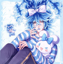 2boys blue_border blue_bow blue_eyes blue_hair blue_lips blue_nails blush_stickers border borrowed_hairstyle bow cinnamiku_hairstyle cinnamoroll commentary crossover dog_boy ear_bow english_commentary fiery_hair furry furry_male fuwa_fuwa_cinnamoroll hair_bow highres horizontal-striped_clothes idia_shroud long_hair long_sleeves lycoristyx male_focus multiple_boys pants sanrio shirt sleeves_past_wrists striped_clothes striped_shirt tied_ears twintails twisted_wonderland updo white_bow yellow_eyes
