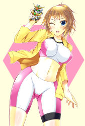 Rule 34 | 10s, 1girl, bike shorts, blue eyes, brown hair, female focus, gundam, gundam build fighters, gundam build fighters try, hoshi (ho4 no), hoshino fumina, jacket, mecha, midriff, navel, ponytail, robot, solo, winning gundam