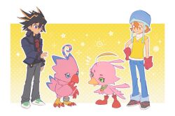 1boy 1girl baiba_8 beak bird black_hair black_pants black_shirt blonde_hair blue_eyes blue_helmet blue_jacket blue_pants border color_connection commentary_request crossover denim digimon digimon_(creature) digimon_adventure duel_monster feathers fudo_yusei full_body gloves green_eyes helmet highres jacket medium_hair multicolored_hair orange_eyes orange_hair pants pink_feathers piyomon purple_eyes red_gloves shirt simple_background sleeveless sleeveless_shirt sonic_chick spiked_hair standing takenouchi_sora talons trait_connection two-tone_hair white_border yellow_background yellow_shirt yu-gi-oh! yu-gi-oh!_5d&#039;s