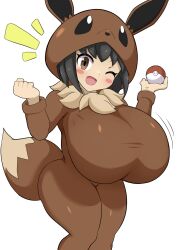 1girl :d black_hair blush_stickers breasts cosplay creatures_(company) eevee eevee_(cosplay) female_focus game_freak gen_1_pokemon highres holding holding_poke_ball hood hood_up huge_breasts jaga334 long_sleeves looking_at_viewer motion_lines nintendo one_eye_closed open_mouth oppai_loli poke_ball poke_ball_(basic) poke_kid_(pokemon) pokemon pokemon_swsh short_hair simple_background smile solo standing white_background wink