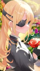1girl absurdres back_cutout black_dress black_gloves blonde_hair blue_eyes blurry blurry_background clothing_cutout collared_shirt colored_inner_hair commentary_request double-parted_bangs dress eyepatch flower fortissimo_gr from_side garden gloves goddess_of_victory:_nikke guillotine_(nikke) half_gloves highres holding holding_flower light_blush looking_at_viewer looking_to_the_side military_dress_uniform military_uniform multicolored_hair outdoors red_flower rose shirt solo upper_body watermark white_shirt