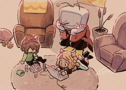 1boy 1girl 1other :| aged_down ant_tenna armchair blonde_hair brown_hair chair child closed_mouth computer deer_girl deltarune gloves indoors jacket kris_(deltarune) laptop long_nose lying no_eyes noelle_holiday object_head on_floor on_stomach pointy_nose rechain red_jacket rug short_hair signature sitting smile television white_gloves