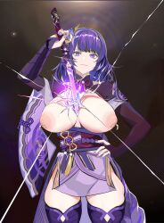 Rule 34 | 1girl, absurdres, bandaid, bandaids on nipples, blunt bangs, braid, breasts, breasts out, commentary request, cowboy shot, drawing sword, fingerless gloves, flower, genshin impact, gloves, hair flower, hair ornament, hand on own hip, highres, holding, holding sword, holding weapon, human scabbard, japanese clothes, ken (kensaen), kimono, large areolae, large breasts, long hair, looking at viewer, loose bandages, low-braided long hair, low-tied long hair, musou isshin (genshin impact), nail polish, nipple slip, nipples, pasties, purple eyes, purple hair, purple kimono, raiden shogun, smile, solo, sword, thighhighs, weapon, wide sleeves