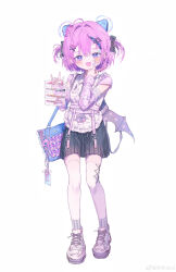 1girl :d absurdres ahoge bag banbanimi bandaid black_bow black_skirt blush bow collared_shirt demon_wings fang food full_body hair_bow hair_ornament heart highres holding long_sleeves looking_at_viewer open_mouth original pink_hair pleated_skirt purple_eyes purple_hair shirt shoes short_hair simple_background skirt smile socks solo standing two_side_up white_background wings x_hair_ornament