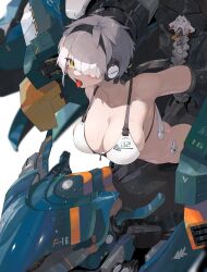 1girl absurdres bare_shoulders bikini blush breasts fang hair_over_one_eye headphones highres large_breasts looking_at_viewer mecha open_mouth original robot short_hair simple_background solo sweat swimsuit tongue tongue_out white_background white_bikini white_hair yellow_eyes yunimaru