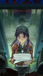 1boy 1girl 3others absurdres black_dress black_hair blood brown_eyes brown_jacket closed_mouth cross cross_necklace dress from_behind highres holding holding_paper ikari_shinji jacket jewelry katsuragi_misato looking_ahead multiple_others necklace neon_genesis_evangelion omurice_(304975636) paper parted_bangs pencil_dress shirt short_hair white_shirt