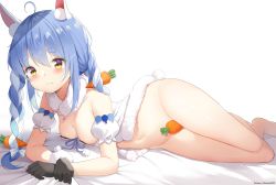 1girl :3 ahoge animal_ear_fluff animal_ears areola_slip babydoll barefoot bed_sheet black_gloves blue_hair blush bottomless braid breasts carrot carrot_hair_ornament chintora0201 closed_mouth commentary detached_sleeves don-chan_(usada_pekora) food-themed_hair_ornament fur_scarf fur_trim gloves groin hair_ornament heart heart_in_eye highres hololive looking_at_viewer lying medium_breasts mole mole_on_breast multicolored_hair navel nipple_slip nipples on_side rabbit_ears rabbit_girl rabbit_tail scarf short_eyebrows short_sleeves simple_background solo stomach swimsuit symbol_in_eye thick_eyebrows twin_braids twintails two-tone_hair usada_pekora usada_pekora_(1st_costume) virtual_youtuber white_background white_hair white_scarf yellow_eyes