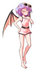 1girl bare_arms bare_legs barefoot bat_wings belt black_belt blush closed_eyes closed_mouth collarbone commentary_request dairi double-parted_bangs eyewear_on_head feet full_body hand_on_own_chest hand_on_own_thigh hand_up large_variant_set legs looking_at_viewer medium_hair one-piece_swimsuit pink_one-piece_swimsuit purple_hair remilia_scarlet sideways_glance simple_background sleeveless solo sunglasses sweatdrop swimsuit tachi-e toes touhou transparent_background v-shaped_eyebrows variant_set wings