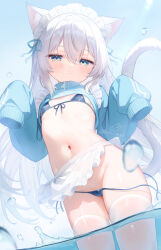 1girl animal_ears apron bikini blue_eyes cat_ears cat_girl cat_tail closed_mouth commentary_request flat_chest frilled_apron frills front-tie_bikini_top front-tie_top grey_hair highres jersey_maid long_hair looking_at_viewer maid maid_apron maid_bikini maid_headdress navel original sese_nagi side-tie_bikini_bottom sleeves_past_fingers sleeves_past_wrists solo swimsuit tail unconventional_maid untied_bikini_bottom wading waist_apron white_hair