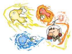 1boy attack big_nose black_eyes blue_pikmin blue_skin brown_hair burning buttons clenched_hand closed_eyes colored_skin commentary_request electricity flower gloves helmet naru_(wish_field) nintendo no_mouth olimar open_mouth pikmin_(creature) pikmin_(series) pointing pointing_forward pointy_ears pointy_nose radio_antenna red_gloves red_pikmin red_skin short_hair space_helmet spacesuit teeth triangle_mouth very_short_hair water_drop white_background white_flower yellow_pikmin yellow_skin