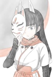 1girl anabuki_tomoko animal_ears black_gloves black_hair fox_ears fox_girl fox_mask gloves hakama hakama_short_skirt hakama_skirt highres holding japanese_clothes karee@luminous_4th kimono long_hair mask red_scarf scarf sketch skirt solo strike_witches:_suomus_misfits_squadron upper_body world_witches_series