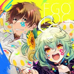 2boys apollo_(fate) blue_ribbon brown_hair choker collarbone facepaint fate/grand_order fate_(series) flower green_hair grin hector_(fate) highres looking_at_viewer male_focus multiple_boys open_mouth orange_eyes paintbrush painting_(action) paris_(fate) ponytail ribbon se_eternite smile sunflower