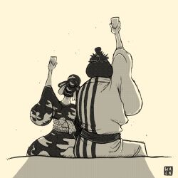 Rule 34 | 1boy, 1girl, absurdres, animal print, arm up, back, bird print, chonmage, commentary, cup, dwalkn, french commentary, greyscale, hair bun, highres, holding, holding cup, husband and wife, japanese clothes, kimono, kinemon, monochrome, obi, one piece, sash, sitting, topknot, tsurujo (one piece), wide sleeves