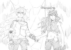 2girls absurdres animal_ears belt_pouch blake_belladonna breasts cat_ears cleavage closed_mouth commentary_request crop_top greyscale highres holding_hands jacket korean_commentary long_hair looking_at_viewer mechanical_arms monochrome multiple_girls navel outdoors pants pouch rwby sflake_song shirt single_mechanical_arm sleeveless sleeveless_shirt twitter_username yang_xiao_long