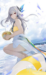 1girl absurdres beach bikini casual cloud genshin_impact grey_hair hair_ornament highres innertube long_hair looking_at_viewer looking_to_the_side ocean pier pink_eyes sarong shenle skirk_(genshin_impact) solo squatting swim_ring swimsuit tartaglia_(genshin_impact) thighs white_sarong yellow_bikini